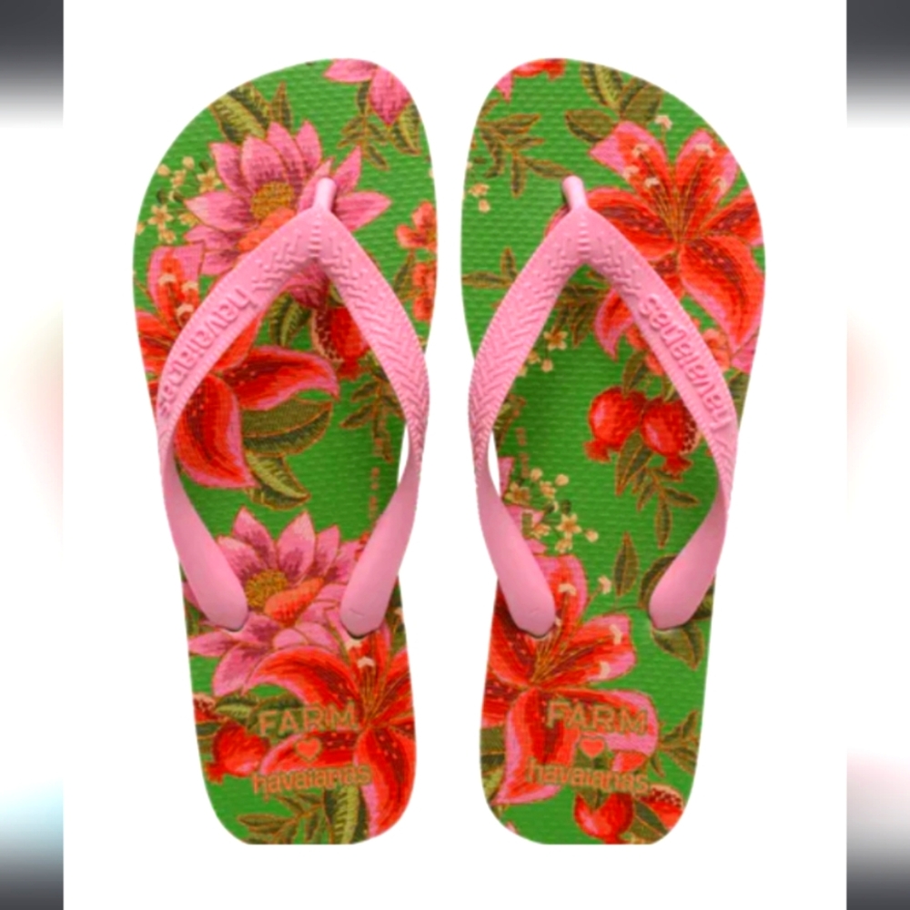 Havaianas X Farm Rio Floral Green and Pink Flip Flops Sz 9/10